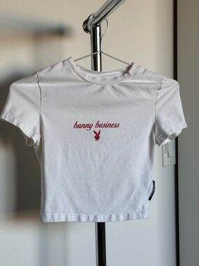 Bunny Business White Crop Tee with Red Logo